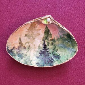 DECOUPAGE SHELLS FOREST TREES WITH FAUX GEMS AND GOLD LEAF TRIM JEWELRY - PRETTY